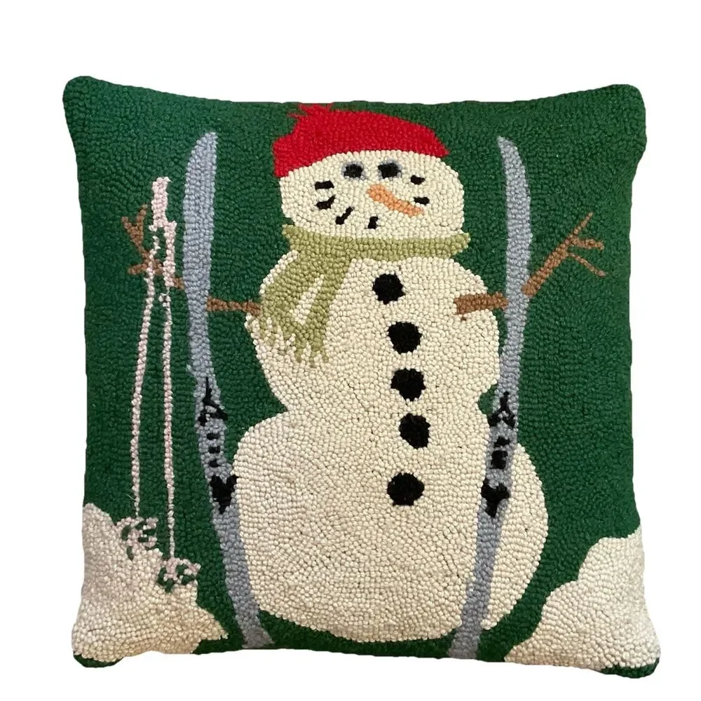 Snowman With Skis Hooked Rug Style Pillow 18” X 18” Holidays Christmas